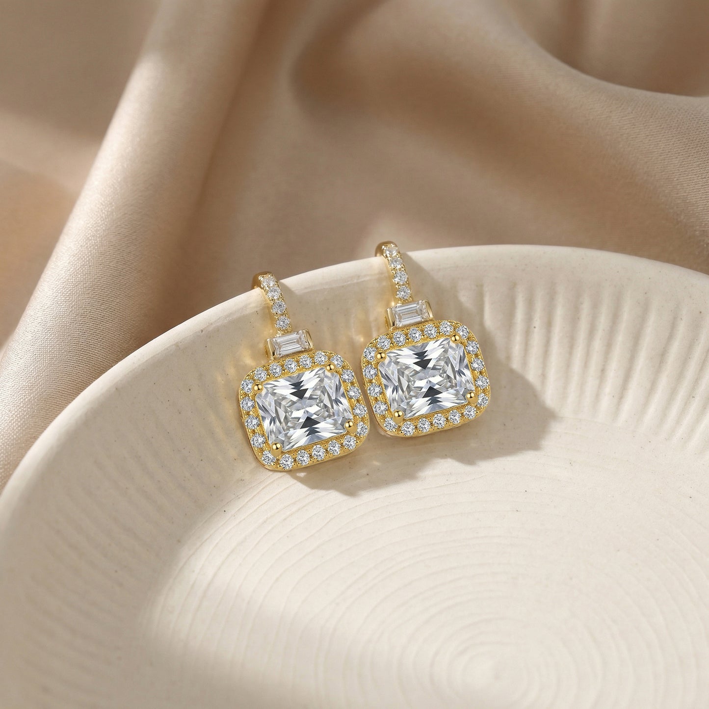 925 Sterling Silver Elegant Radiant-Cut Crystal Halo Drop Earrings with Baguette Accents and Pavé Detailing