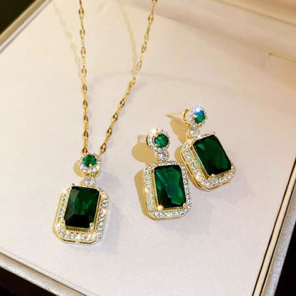 Designer-style, Niche, Light-luxury Square Stud Earrings In Emerald Vintage Green