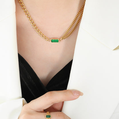 Retro Inlaid Zircon Double-Layer Chunky Chain Necklace Set For Women