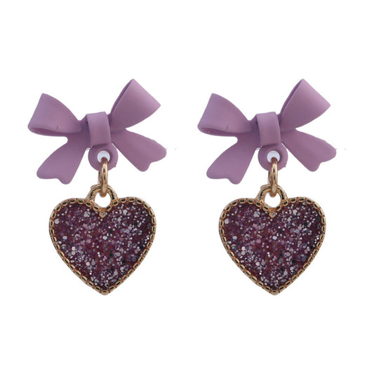 Purple Bow Sequin Love Heart Clip On Earrings Sweet