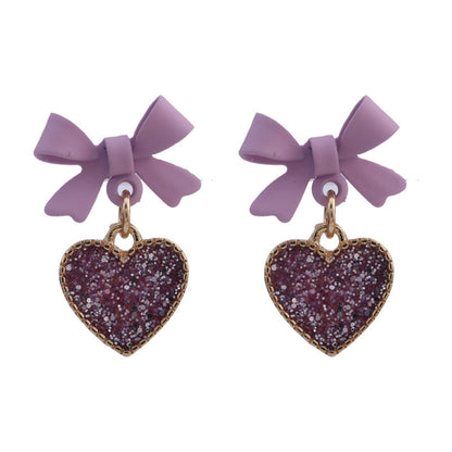 Purple Bow Sequin Love Heart Clip On Earrings Sweet