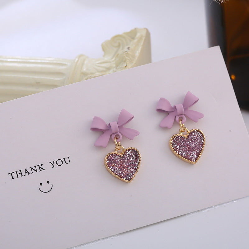 Purple Bow Sequin Love Heart Clip On Earrings Sweet