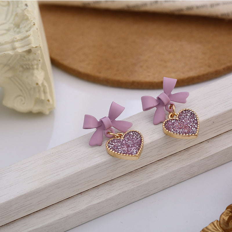 Purple Bow Sequin Love Heart Clip On Earrings Sweet