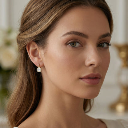 925 Sterling Silver Elegant Radiant-Cut Crystal Halo Drop Earrings with Baguette Accents and Pavé Detailing