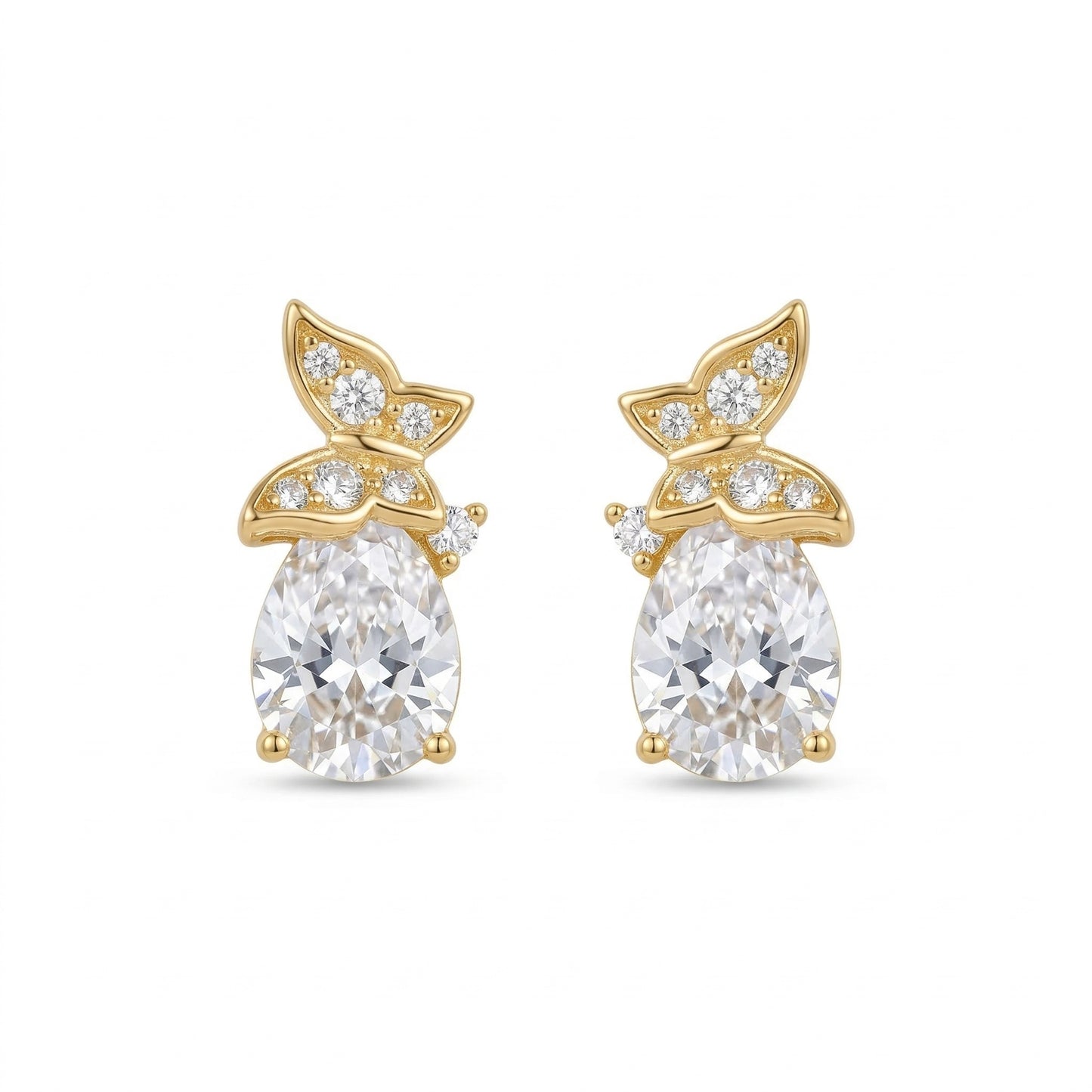 925 Sterling Silver Sparkling Pear-Shaped Cubic Zirconia Stud Earrings with Elegant Floral Accents
