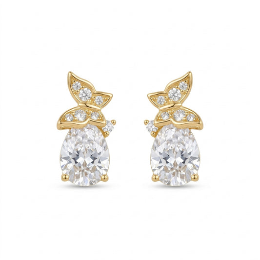 925 Sterling Silver Sparkling Pear-Shaped Cubic Zirconia Stud Earrings with Elegant Floral Accents