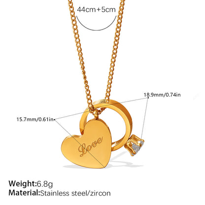 Love Engraved Gold Heart Double Pendant Rhinestone Stackable Couple Necklace