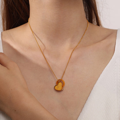 Love Engraved Gold Heart Double Pendant Rhinestone Stackable Couple Necklace