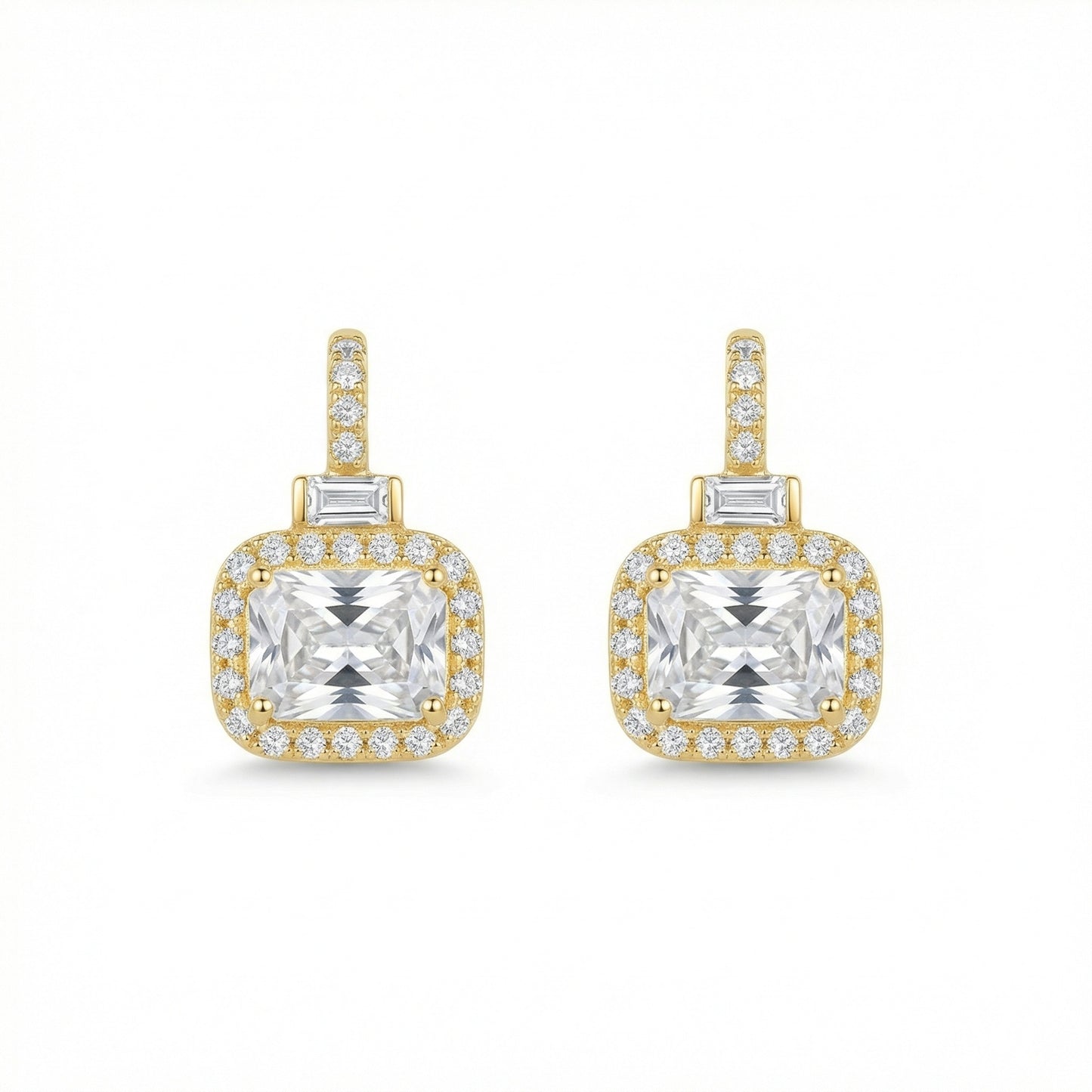 925 Sterling Silver Elegant Radiant-Cut Crystal Halo Drop Earrings with Baguette Accents and Pavé Detailing