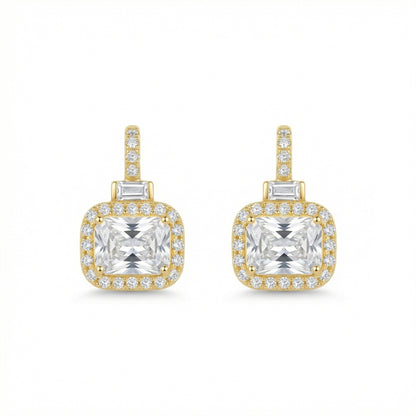 925 Sterling Silver Elegant Radiant-Cut Crystal Halo Drop Earrings with Baguette Accents and Pavé Detailing