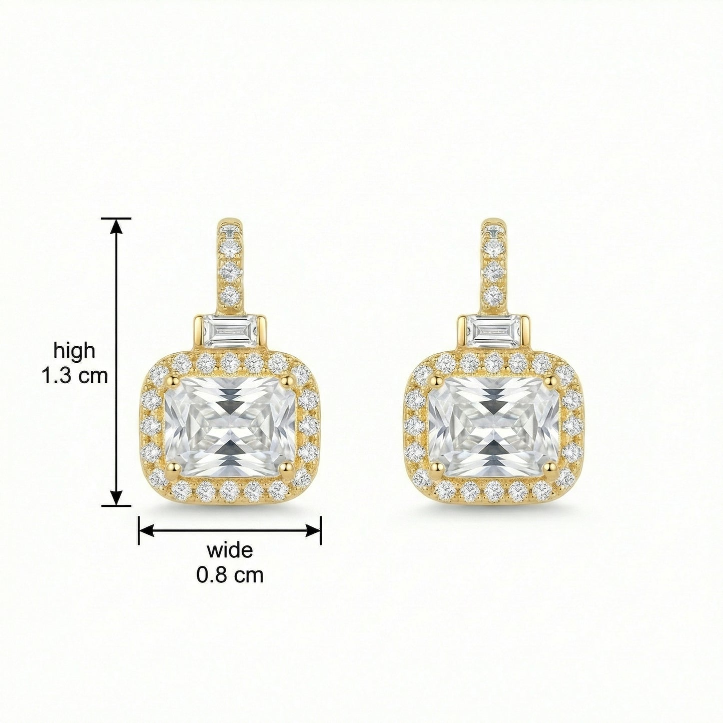 925 Sterling Silver Elegant Radiant-Cut Crystal Halo Drop Earrings with Baguette Accents and Pavé Detailing