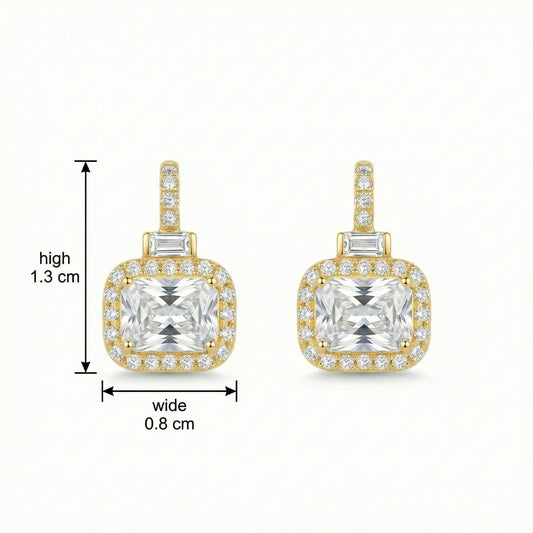 925 Sterling Silver Elegant Radiant-Cut Crystal Halo Drop Earrings with Baguette Accents and Pavé Detailing