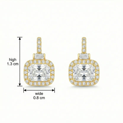 925 Sterling Silver Elegant Radiant-Cut Crystal Halo Drop Earrings with Baguette Accents and Pavé Detailing