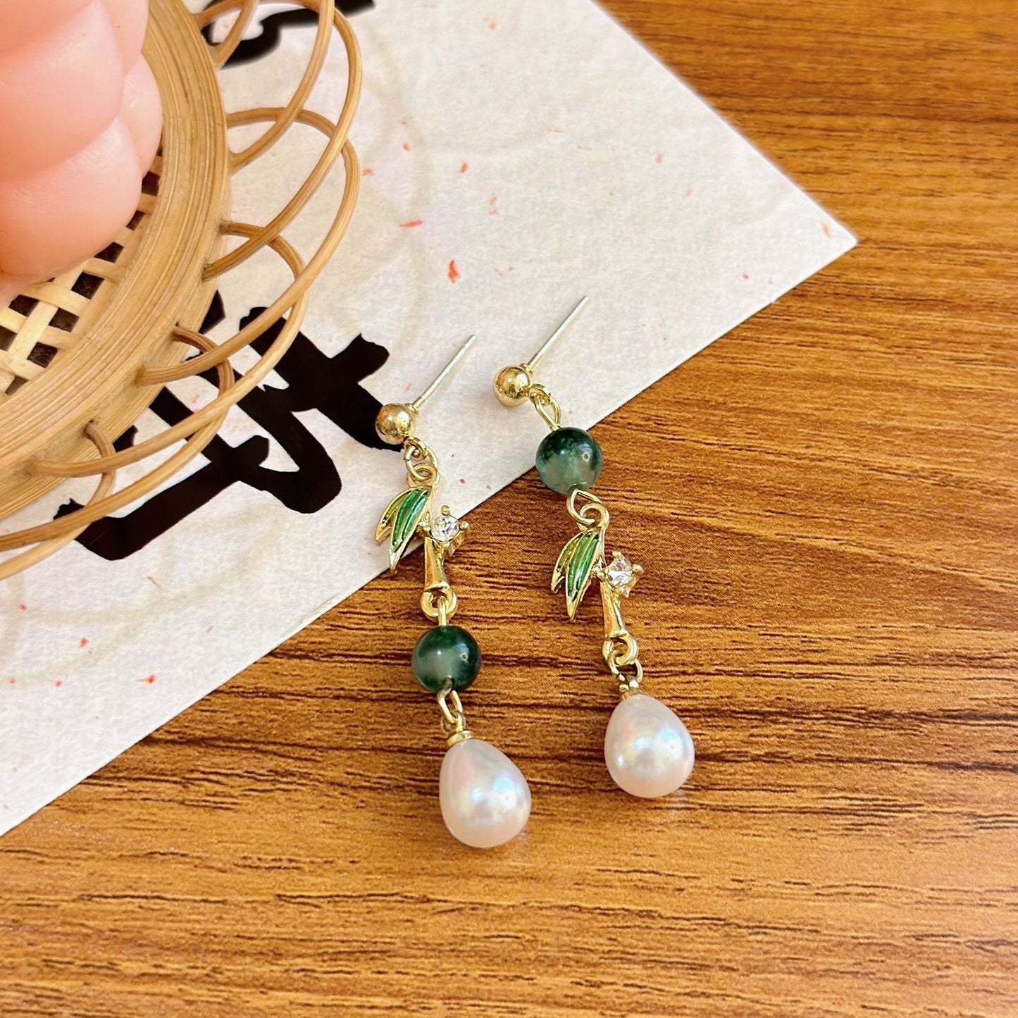 New Chinese-style Bamboo Leaf Pearl Earrings Women's Vintage