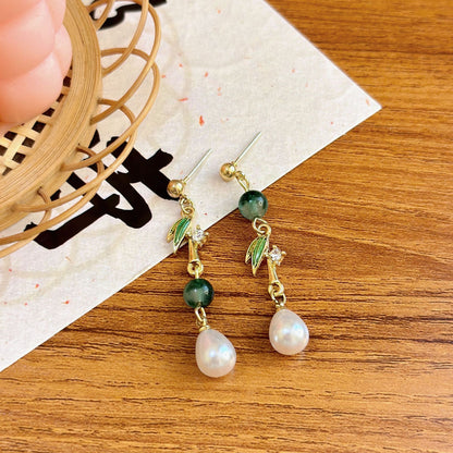 New Chinese-style Bamboo Leaf Pearl Earrings Women's Vintage