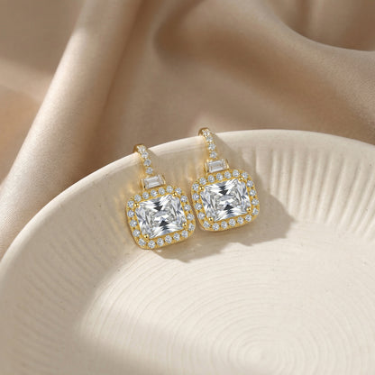 925 Sterling Silver Elegant Radiant-Cut Crystal Halo Drop Earrings with Baguette Accents and Pavé Detailing